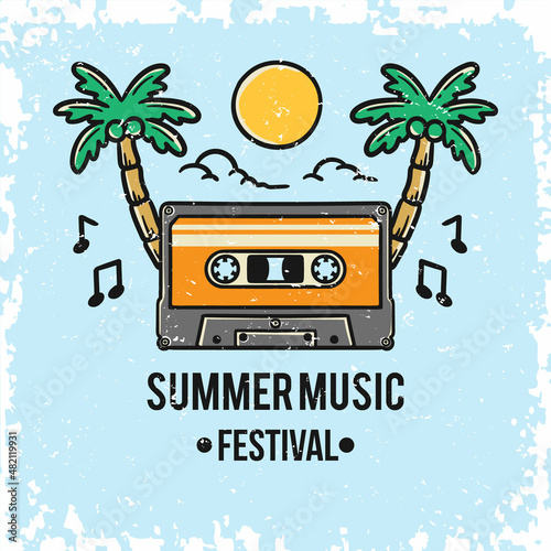 summer music festival poster template illustration with cassette and coconut tree clipart