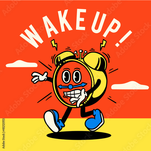 vintage style ringing alarm clock character cartoon illustration