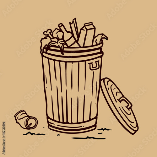 Illustration of a trash can in vintage style