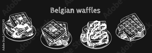belgian waffle menu template sketch vector black background. Belgian waffles with chocolate cream and blueberries vector sketch. Belgian waffles on plate hand drawing. eps art vector