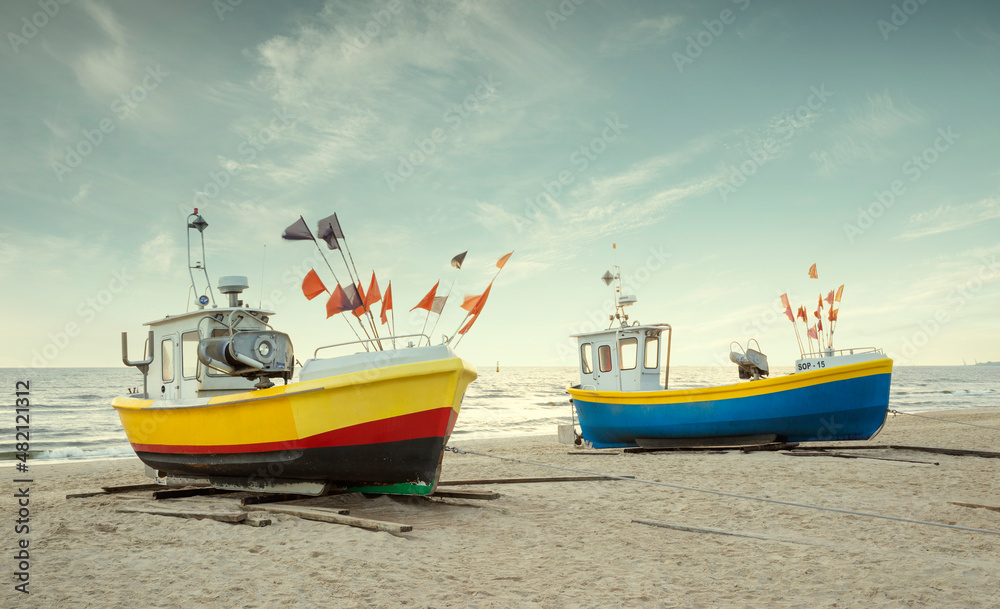 Fishing boats on the beach at Baltic sea, Poland - obrazy, fototapety, plakaty 