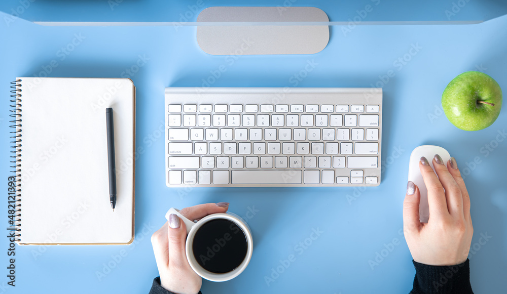Top view, female hands work at the computer, blue background. Top view, female hands work at the computer, blue background.