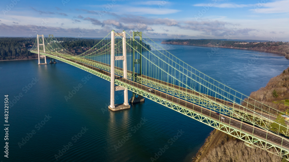 Aerial view of the Tacoma Narrows Bridge in Washington State