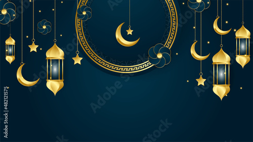 golden lantern arabic dark blue Islamic design background. Universal ramadan kareem banner background with lantern, moon, islamic pattern, mosque and abstract luxury islamic elements