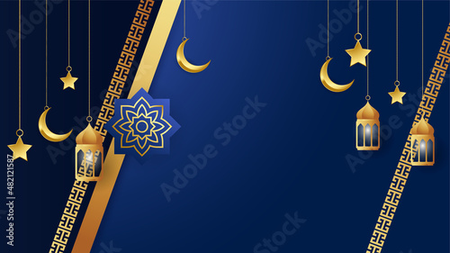 golden lantern arabic dark blue Islamic design background. Universal ramadan kareem banner background with lantern, moon, islamic pattern, mosque and abstract luxury islamic elements
