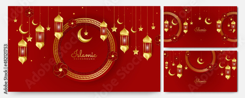 golden lantern arabic red gold Islamic design background