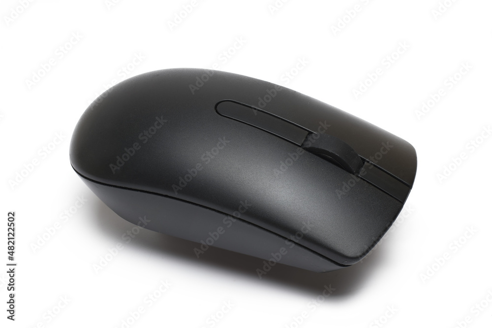 Closeup black computer mouse white background Closeup black computer mouse white background