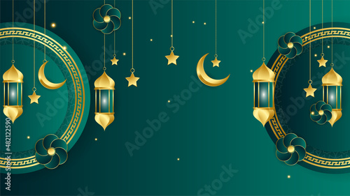 golden lantern arabic green Islamic design background. Universal ramadan kareem banner background with lantern, moon, islamic pattern, mosque and abstract luxury islamic elements