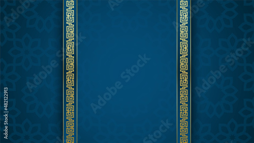 Flat arabic blue Islamic design background. Universal ramadan kareem banner background with lantern, moon, islamic pattern, mosque and abstract luxury islamic elements