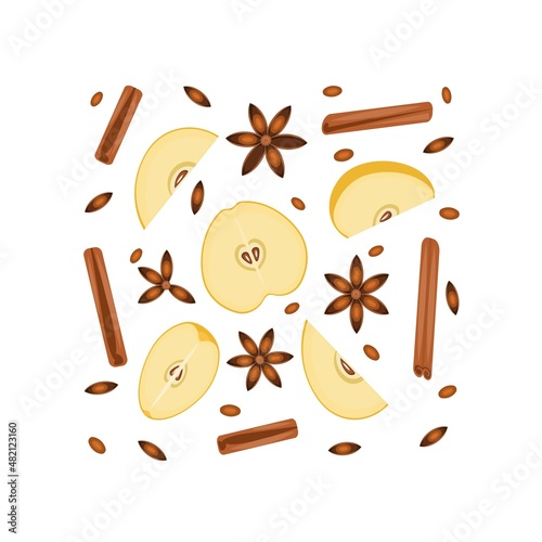 Food and drinks. Product set. Cinnamon sticks, star anise and fresh apple slices.