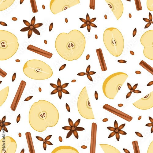 Food and drinks. Seamless pattern.Star anise, cinnamon sticks and apple slices.