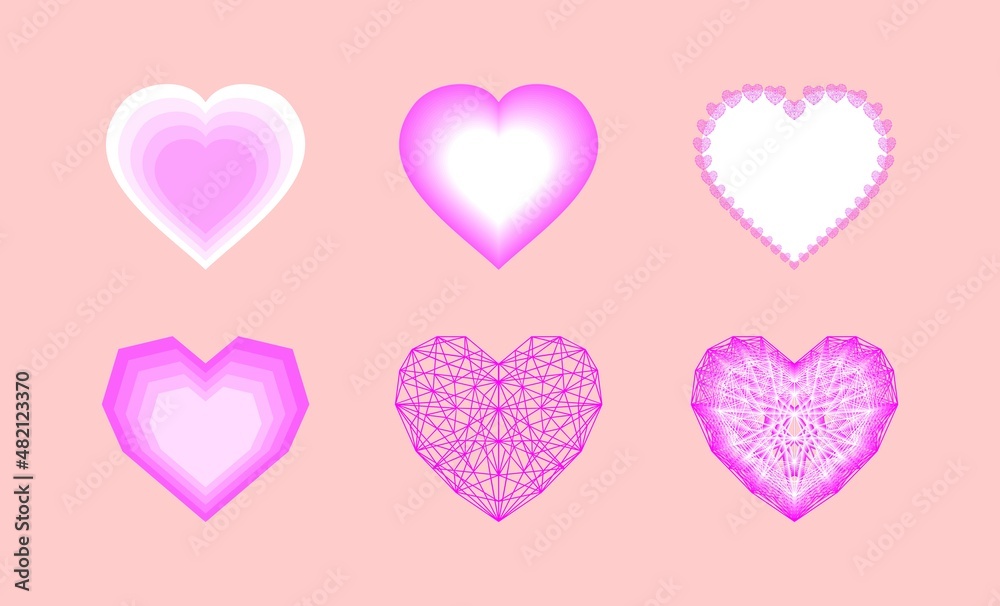 set of vector volumetric hearts. Delicate hearts in different styles on a pink background. A symbol of love for the design of the design for Valentine's Day, wedding, birthday.