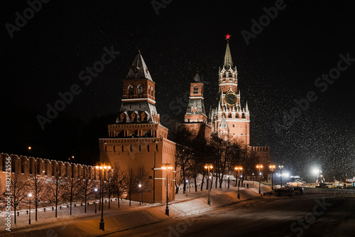 Heavy snowfall in Moscow at Red square at night. destination in Russian capital photo