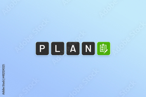 Plan word on cube sign isolated on blue background.