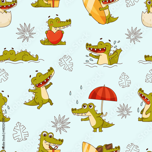 Seamless pattern of cool crocodiles on a light blue background. Endless texture. Vector illustration for designs, prints and patterns.