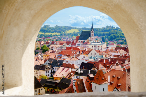 Beautiful view to church and castle in Cesky Krumlov, Czech republic. Panorama of UNESCO World Heritage Site city. photo