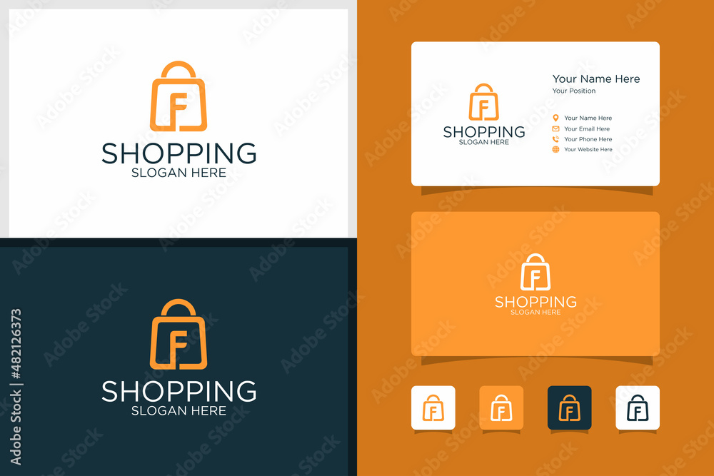 shopping bag design logo/ initials f and business card design template. premium vector