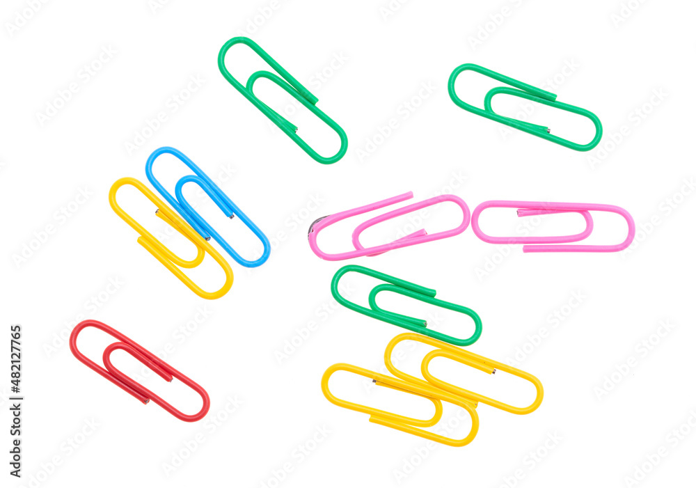 Multi-colored paper clips isolated on a white Multi-colored paper clips isolated on a white