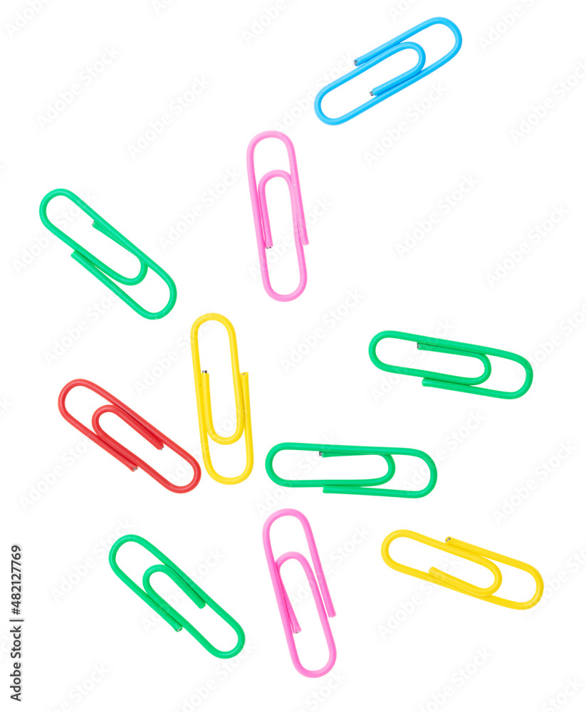 Multi-colored paper clips isolated on a white Multi-colored paper clips isolated on a white