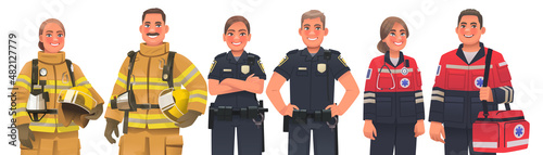 Emergency workers. Men and women firefighters, police officers and ambulance paramedics. Vector illustration photo