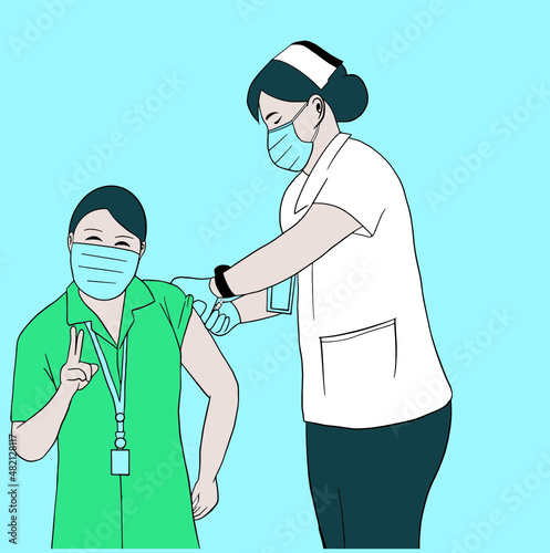Corona vaccine. Woman wearing mask to vaccinate against COVID-19 at the hospital. Doctor vaccinating coronavirus patient. Vector illustration.