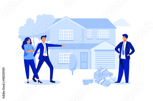 Bank clerk offering 0% interest rate for family partner, Refinance, home loan, illustration.