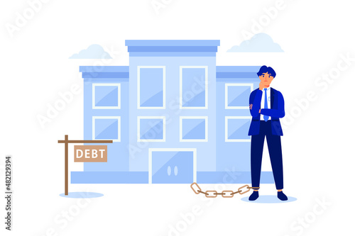 Business man with debt home, Debt concept flat vector illustration