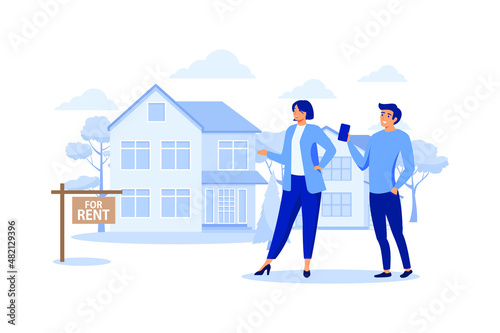 Banner for sales, advertising house, cottage, agent with keys. Offer of home purchase. Rental of Real Estate. flat vector illustration 