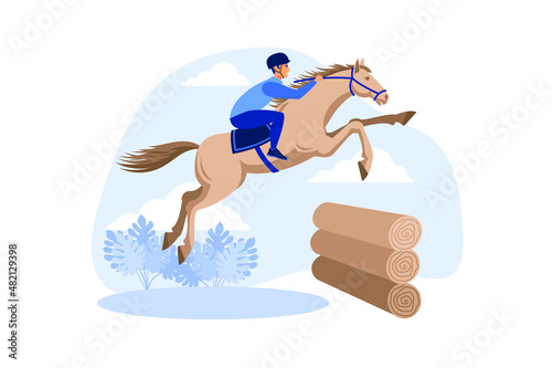 Equestrian Eventing. Illustration of a horse with a rider jumping over the barrier from the wooden log cabins. A horseman on a horse jumps over an obstacle against a cloud flat vector illustration 
