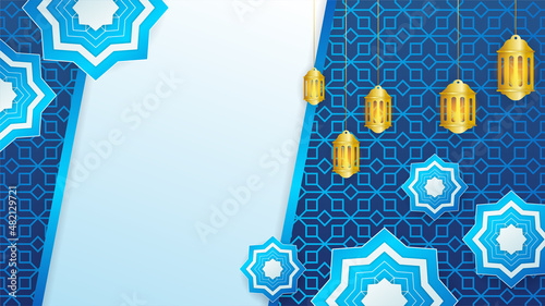 Realistic mandala blue Islamic design background. Universal ramadan kareem banner background with lantern, moon, islamic pattern, mosque and abstract luxury islamic elements