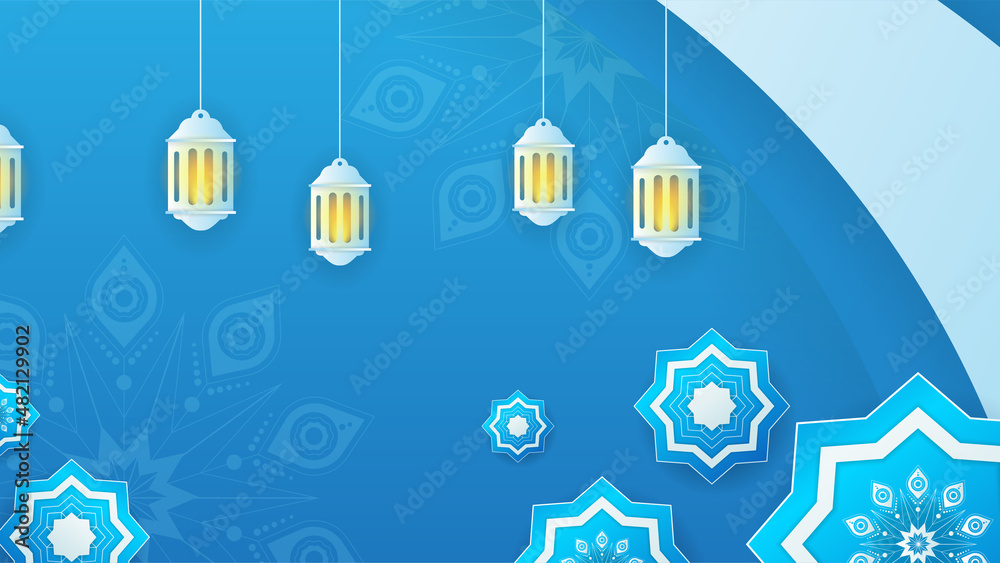 Realistic mandala blue Islamic design background. Universal ramadan kareem banner background with lantern, moon, islamic pattern, mosque and abstract luxury islamic elements Realistic mandala blue Islamic design background. Universal ramadan kareem banner background with lantern, moon, islamic pattern, mosque and abstract luxury islamic elements
