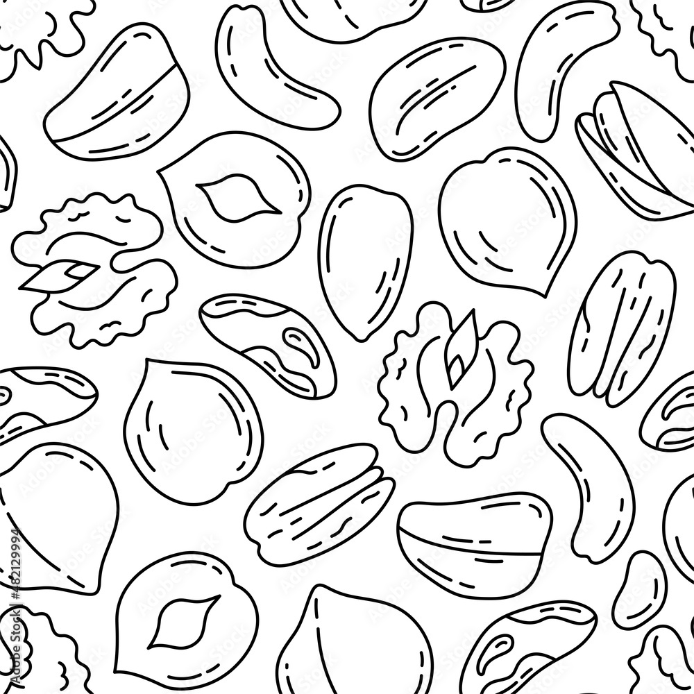 Nut bundle pattern. Doodle vector food sketch set. Walnut, hazelnut, almond and macadamia. Peanut, cashew and cola nut, pistachios, brazil nut and pecan Nut bundle pattern. Doodle vector food sketch set. Walnut, hazelnut, almond and macadamia. Peanut, cashew and cola nut, pistachios, brazil nut and pecan