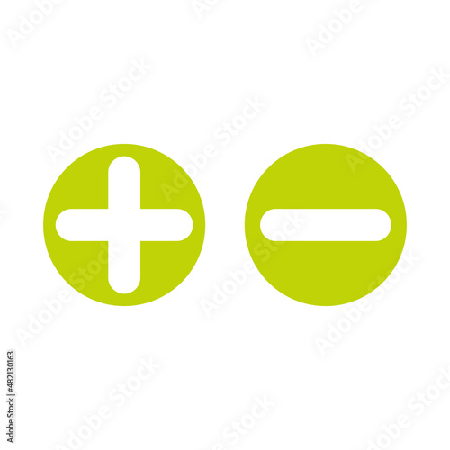 Green plus and minus circle flat vector icons isolated on white.