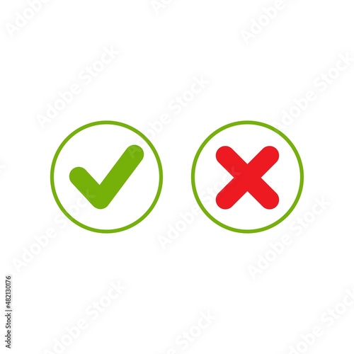 Set of check mark icons. rounded olive green tick and cross in circle. Flat cartoon style buttons. photo