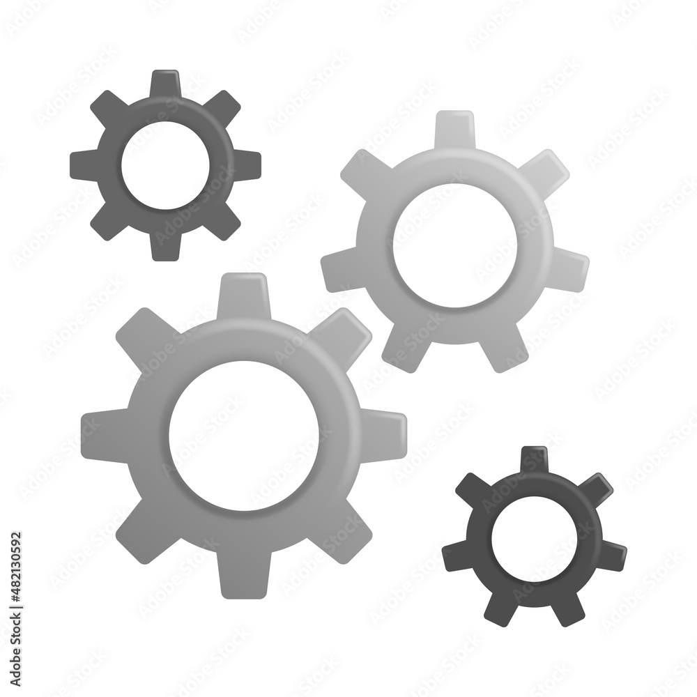 3D cartoon style cogwheel gear set in grey black color with shadow and highlight.