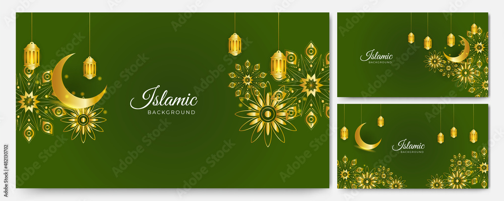 beautiful mandala lantern golden green Islamic design background