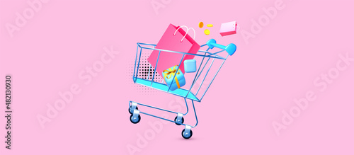Realistic metal shopping trolley cart with gift box and bags and flying coins. Fast delivery. Easy shopping design.