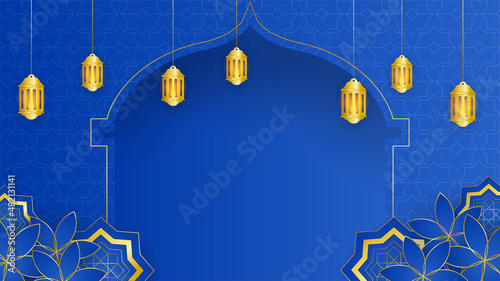 Beautiful golden blue Islamic design background. Universal ramadan kareem banner background with lantern, moon, islamic pattern, mosque and abstract luxury islamic elements