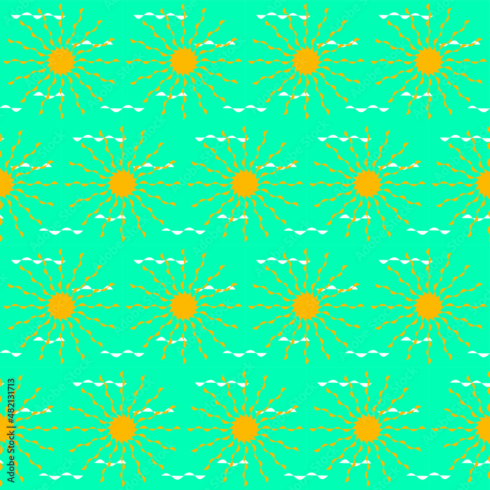 Vector graphics - seamless pattern - bright yellow sun with rays on a blue sky with clouds. Concept - sunny weather in summer.