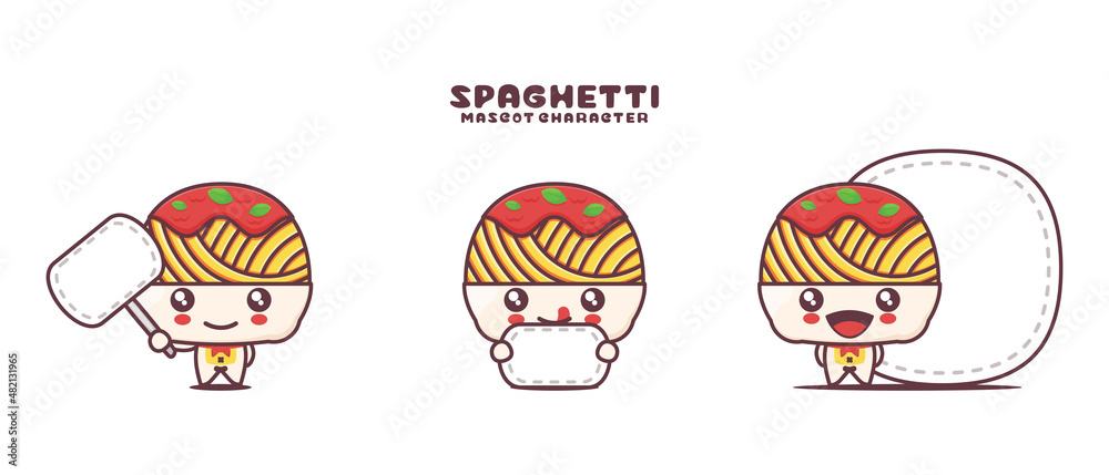 vector Spaghetti mascot cartoon, italian pasta food illustration, with blank board banner