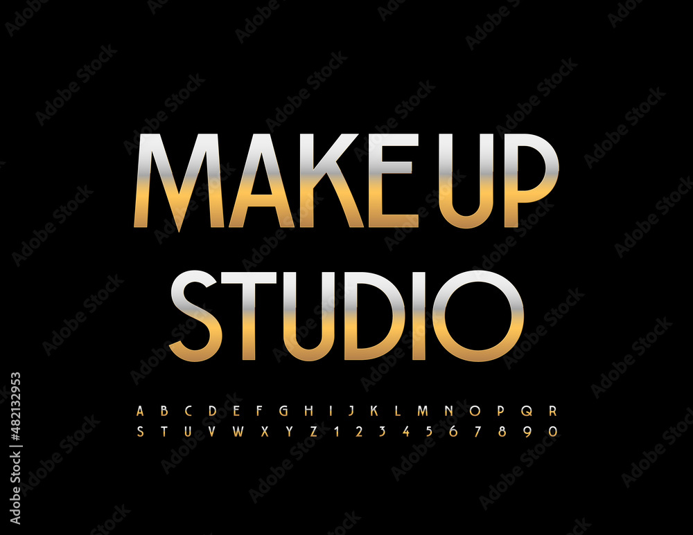 Vector glamour emblem Make Up Studio with stylish Golden Font. Chic Alphabet Letters and Numbers set.