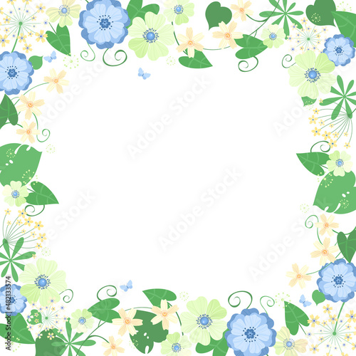 Exotic flowers, monstera leaves, philodendron, creepers, botany, flora, butterflies. Square floral frame, place for text. Vector illustration. Graphic design template.