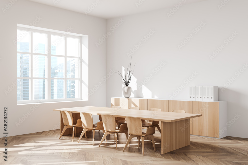 Fototapeta premium Light guest interior with seats, table and commode near panoramic window. Mockup