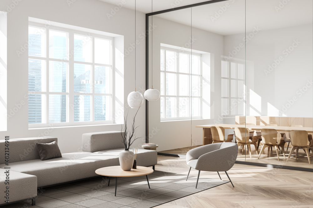 Fototapeta premium Light relaxing room interior with couch and chairs, panoramic window
