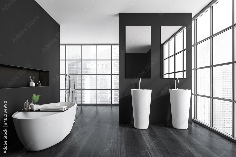 Modern bathroom interior with ceramic bathtub and two white sinks. Hardwood flooring. Panoramic window. No people. 3d rendering. Modern bathroom interior with ceramic bathtub and two white sinks. Hardwood flooring. Panoramic window. No people. 3d rendering.