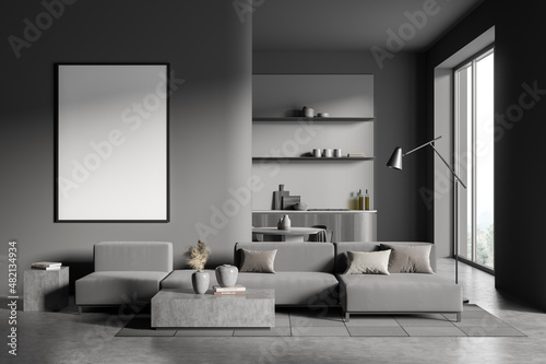 Copy space mockup wall with poster in villa living room  open space kitchen  design interior  modern furniture  concrete flooring  huge couch. Concept of relax. 3d rendering