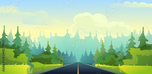 Good asphalt road. Quality modern empty highway. Exactly stretching into distance. Summer rural daytime landscape. Suburban intercity pathway. Background illustration. Vector