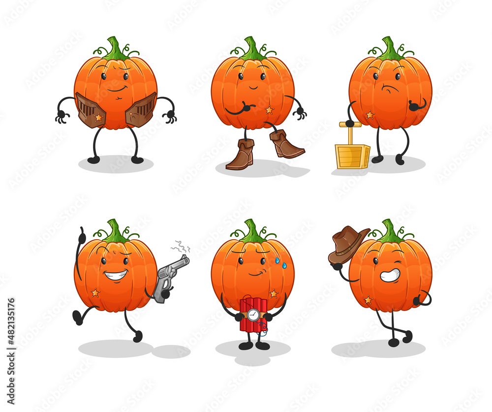 Fototapeta premium pumpkin cowboy group character. cartoon mascot vector
