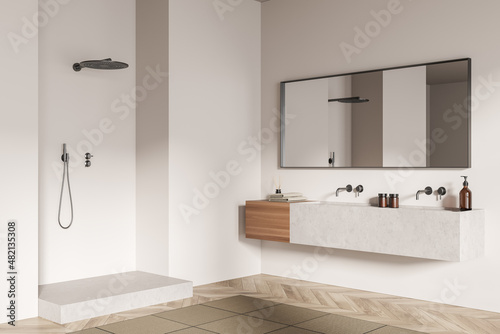 Modern bathroom interior with ceramic double sink  mirror  shower. White walls  hardwood flooring. 3d rendering.