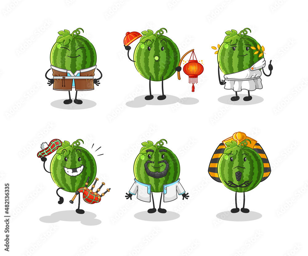 watermelon world culture group. cartoon mascot vector watermelon world culture group. cartoon mascot vector
